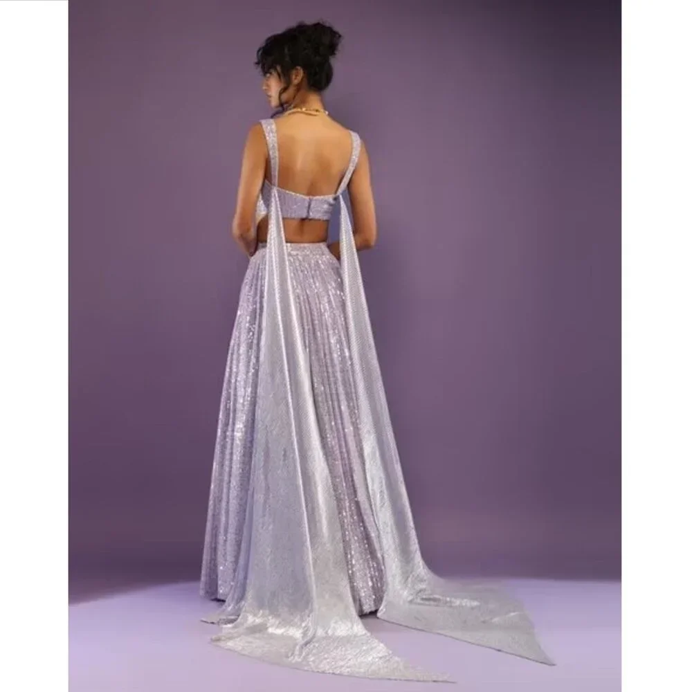 Lavender Sequins Lehenga with Shimmer Attached Dupatta - Picture 2 of 12